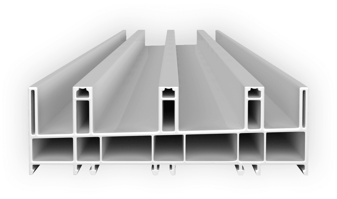 Seção do perfil de trilho da Linha Capri em PVC branco, com trilhos e câmaras internas, desenho técnico