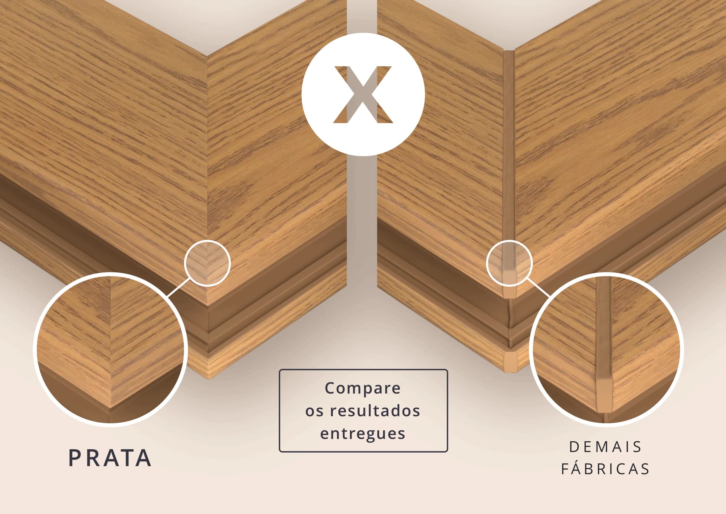 Comparativo entre o canto de esquadria da Esquadrias Prata, sem cordão de solda, e o canto com solda aparente de outras fábricas, com o texto 'Compare os resultados entregues'