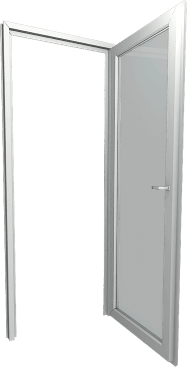 Porta de giro da Linha Venezia em PVC, com a folha aberta, desenho técnico