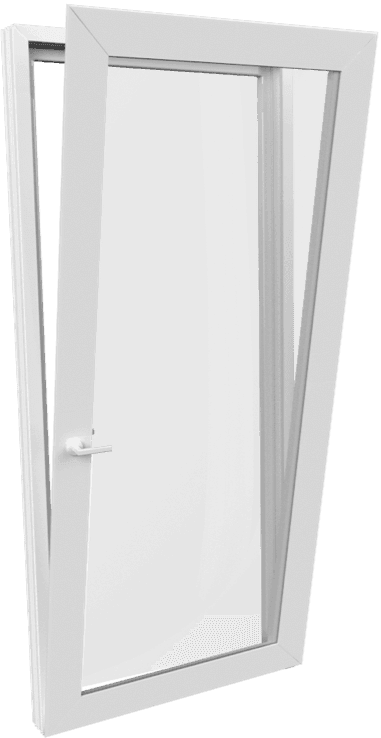 Porta oscilo-batente da Linha Venezia em PVC, com a folha inclinada, desenho técnico