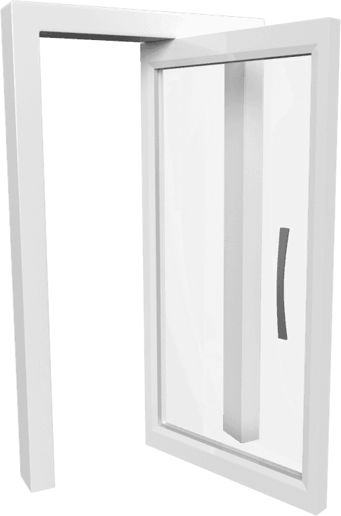 Porta pivotante da Linha Venezia em PVC, com a folha girada sobre o eixo e puxador vertical, desenho técnico