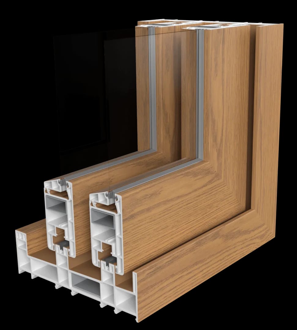 Canto de esquadria em PVC no acabamento Legno (laminação de madeira clara), em corte, com vidro, render 3D