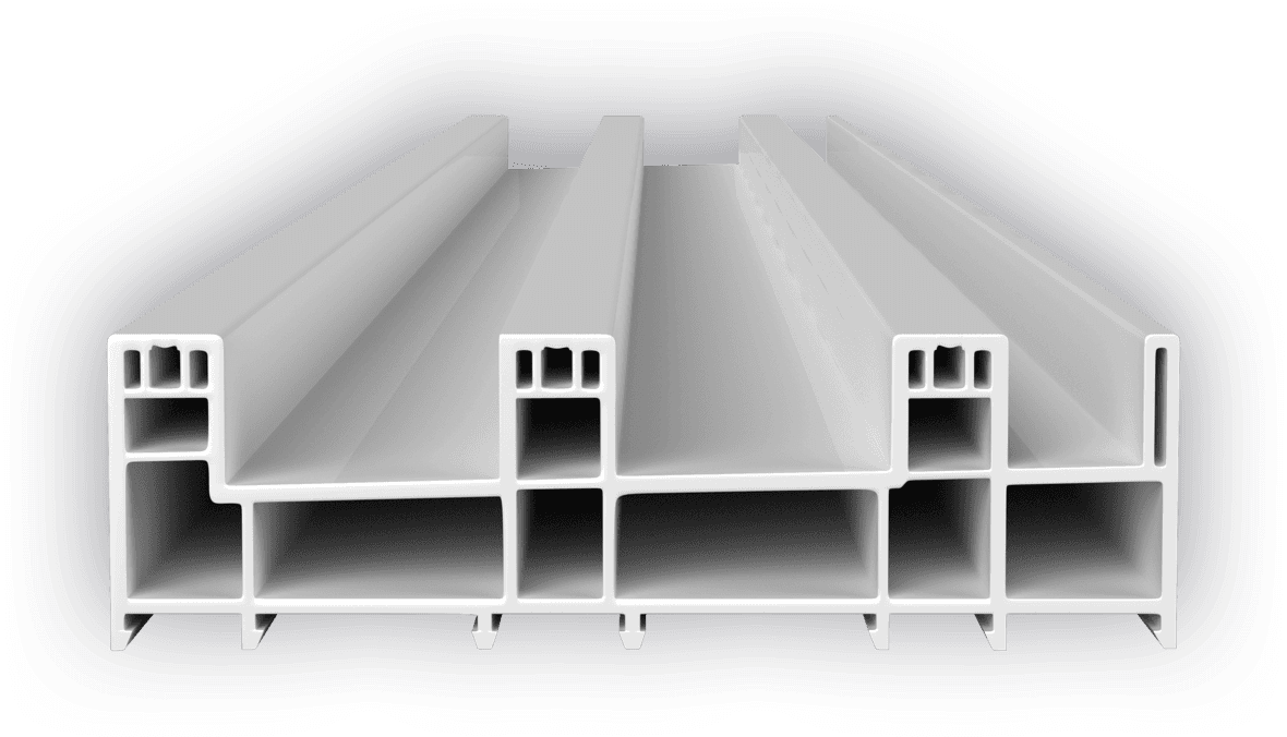 Seção do perfil de trilho da Linha Venezia em PVC branco, com trilhos e câmaras internas, desenho técnico